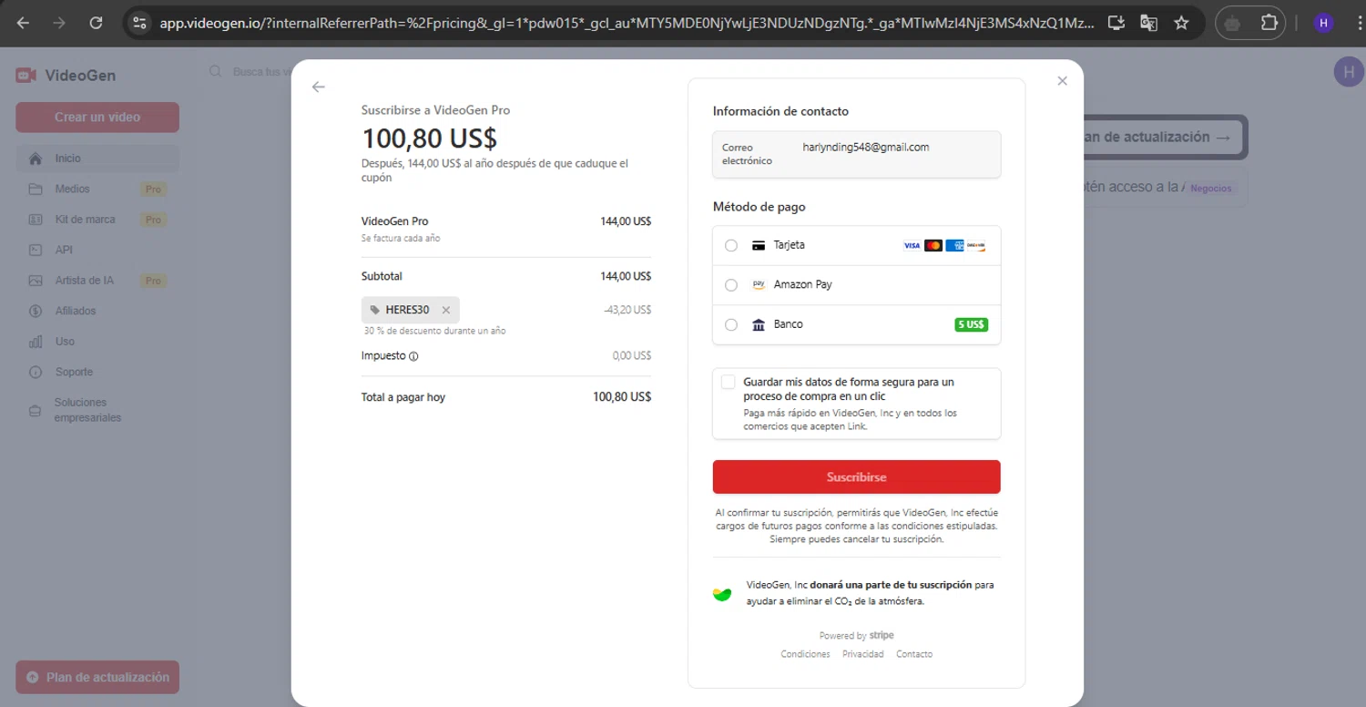 VideoGen coupon code screenshot showing code HERES30 applied at VideoGen checkout page. Uploaded by SimplyCodes community member RebateVirtuoso9954 on Apr 22, 2025