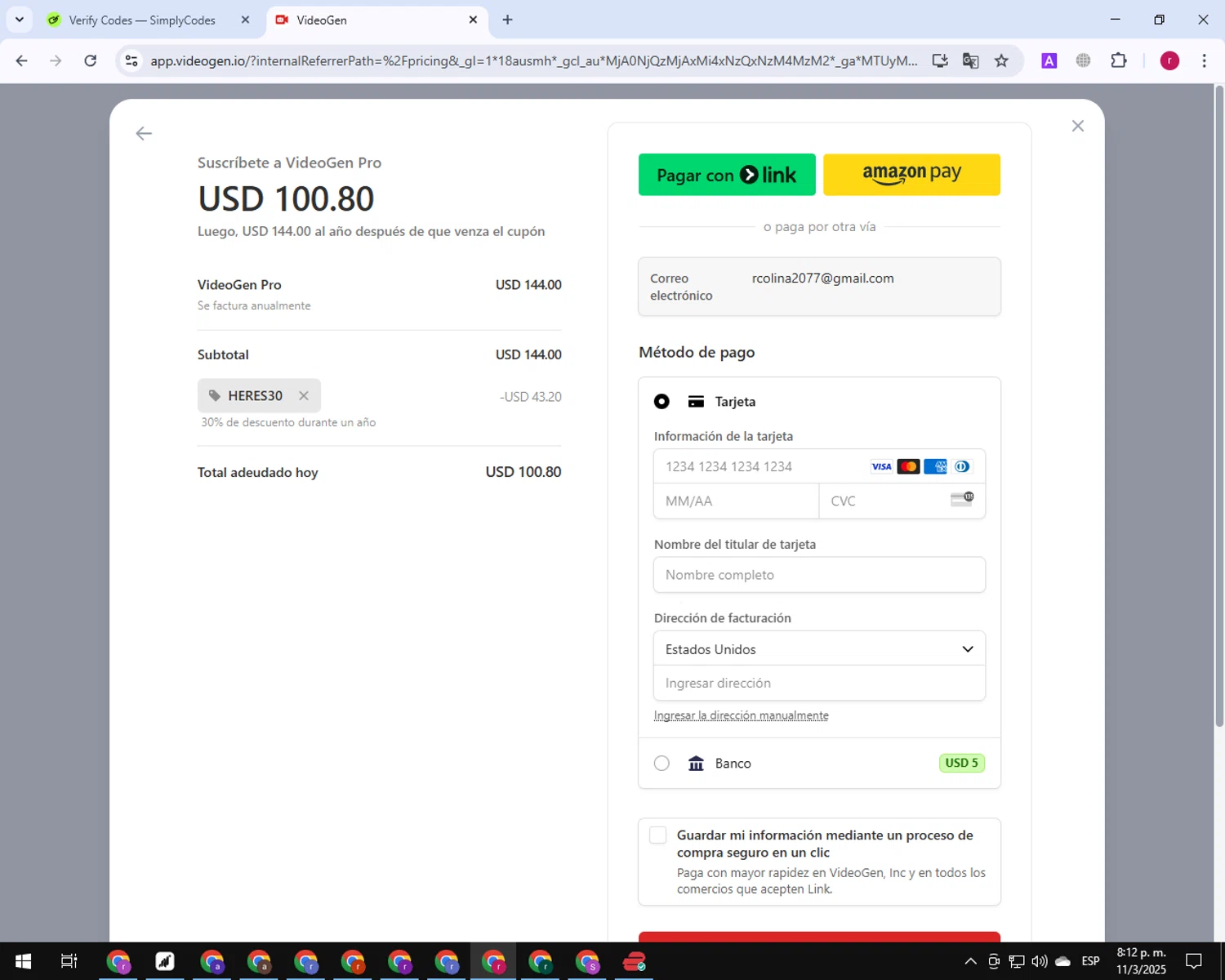 VideoGen coupon code screenshot showing code HERES30 applied at VideoGen checkout page. Uploaded by SimplyCodes community member TreasureExpert7530 on Mar 12, 2025