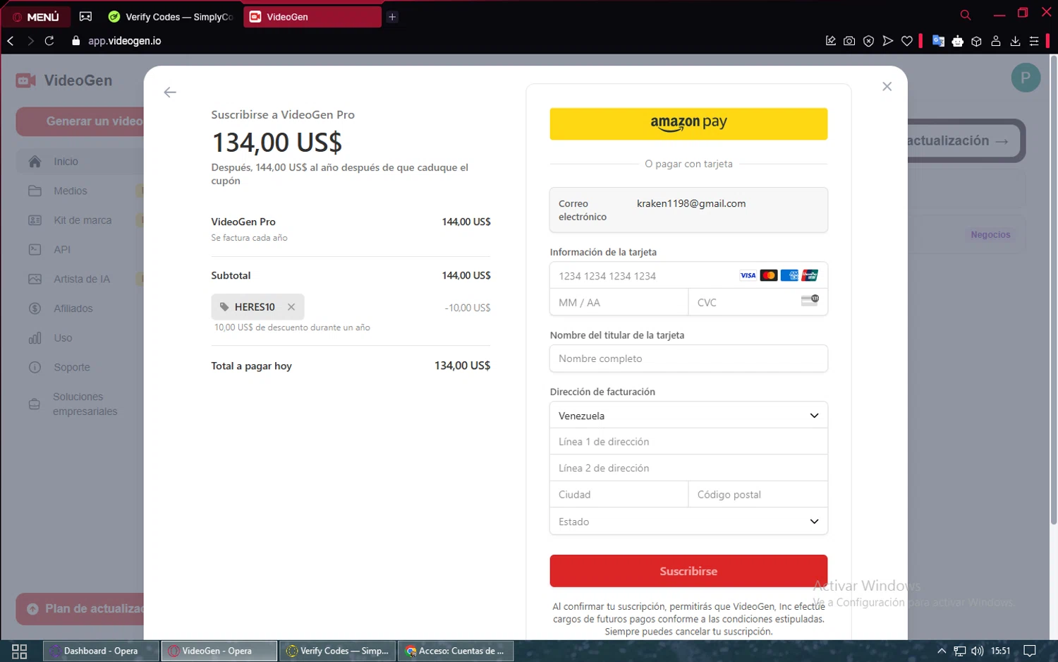 VideoGen coupon code screenshot showing code HERES10 applied at VideoGen checkout page. Uploaded by SimplyCodes community member FerminLopez on Mar 27, 2025