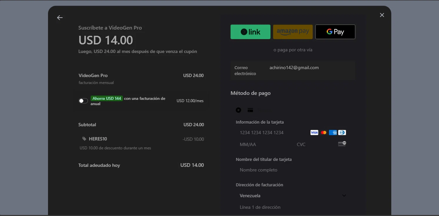 VideoGen coupon code screenshot showing code HERES10 applied at VideoGen checkout page. Uploaded by SimplyCodes community member jupitera on Mar 12, 2025