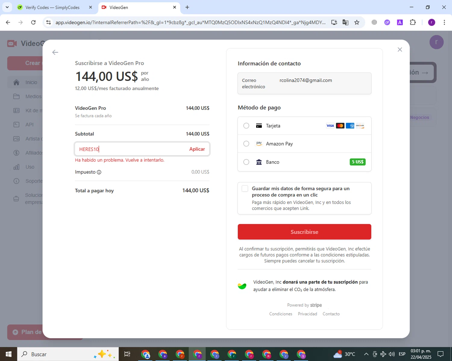 VideoGen coupon code screenshot showing code HERES10 applied at VideoGen checkout page. Uploaded by SimplyCodes community member MoneyTiger7710 on Apr 22, 2025