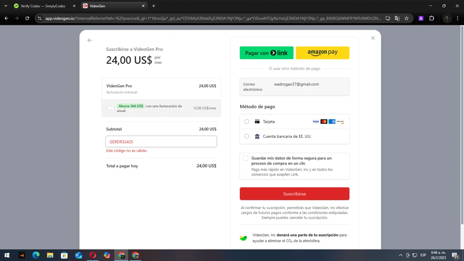 VideoGen coupon code screenshot showing code gerdr32425 applied at VideoGen checkout page. Uploaded by SimplyCodes community member Andy2323 on Feb 26, 2025