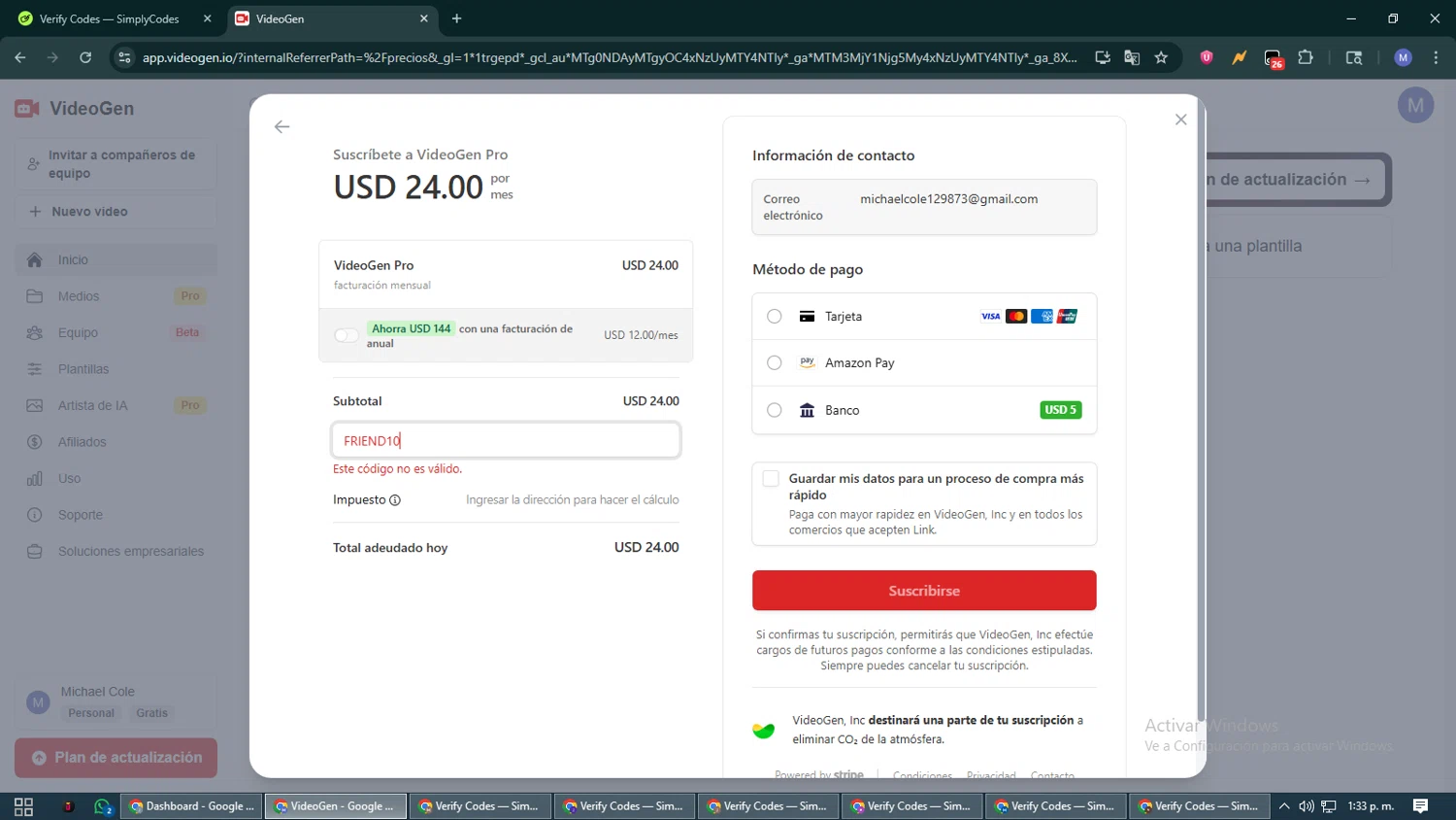 VideoGen coupon code screenshot showing code FRIEND10 applied at VideoGen checkout page. Uploaded by SimplyCodes community member VoucherCurator824 on Jul 10, 2025