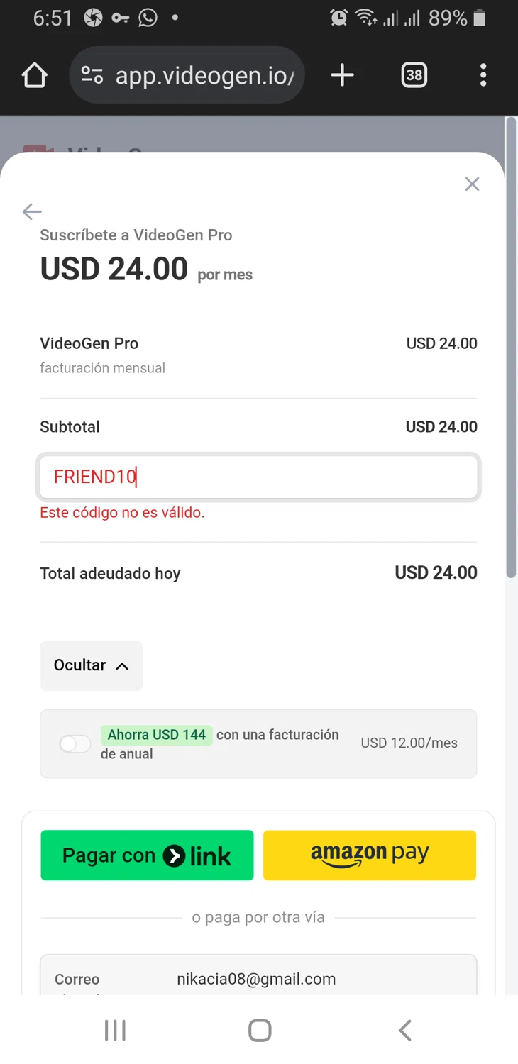 VideoGen coupon code screenshot showing code FRIEND10 applied at VideoGen checkout page. Uploaded by SimplyCodes community member TreasureLynx6841 on Feb 26, 2025