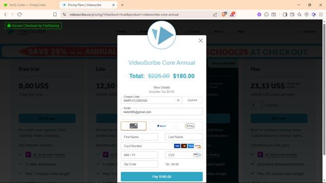 VideoScribe checkout page showing VideoScribe promo code box | Screenshot taken by SimplyCodes community member on Aug 13, 2025