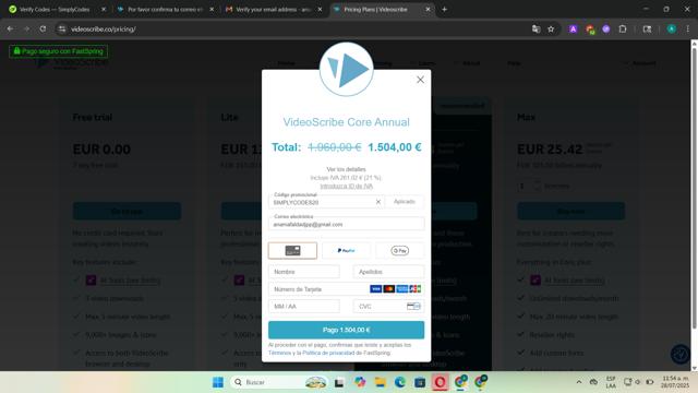 VideoScribe checkout page showing VideoScribe promo code box | Screenshot taken by SimplyCodes community member on Jul 28, 2025