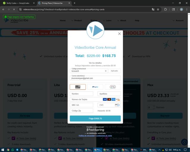 VideoScribe checkout page showing VideoScribe promo code box | Screenshot taken by SimplyCodes community member on Aug 24, 2025