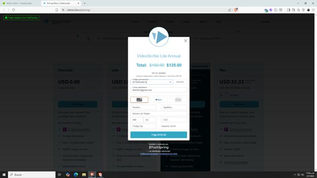 VideoScribe checkout page showing VideoScribe promo code box | Screenshot taken by SimplyCodes community member on Jul 3, 2025