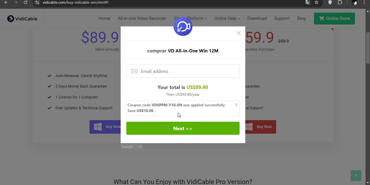 where to use VidiCable promo code box