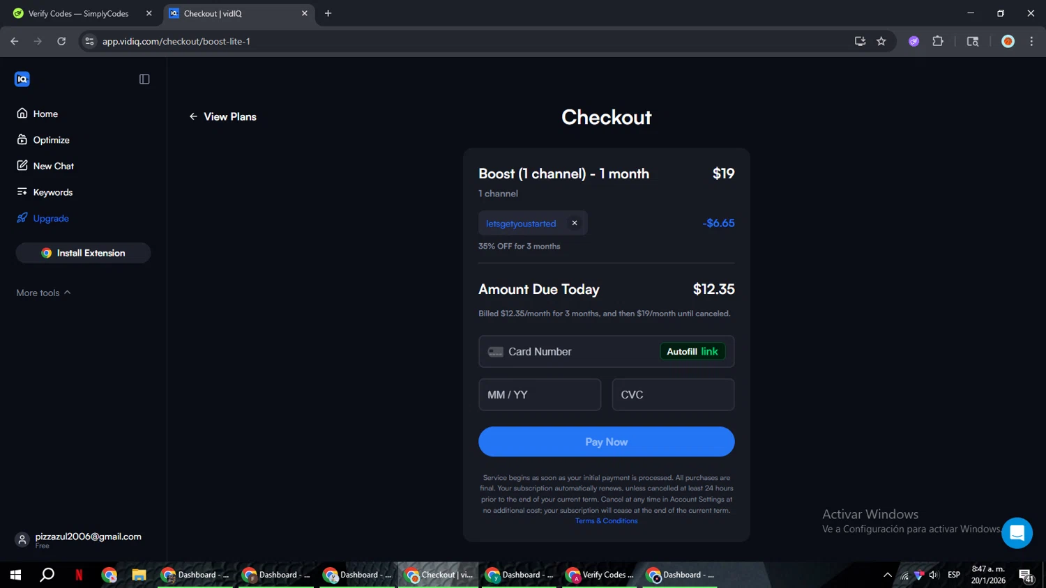 vidIQ checkout page showing vidIQ promo code box | Screenshot taken by SimplyCodes community member on Jan 20, 2026