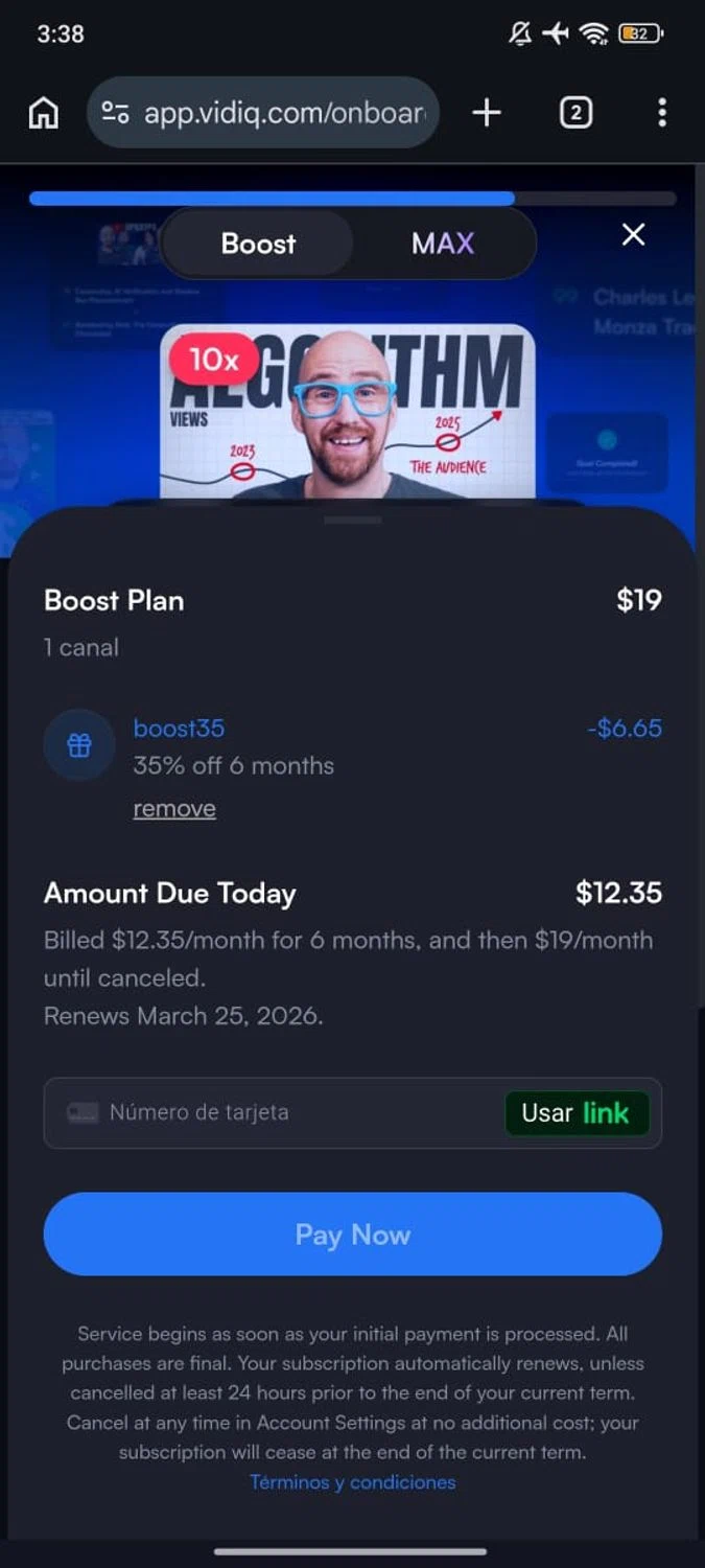 vidIQ promo code screenshot showing code boost35 applied at vidIQ checkout page. Uploaded by SimplyCodes community member RoyalSpotter5217 on Feb 25, 2026