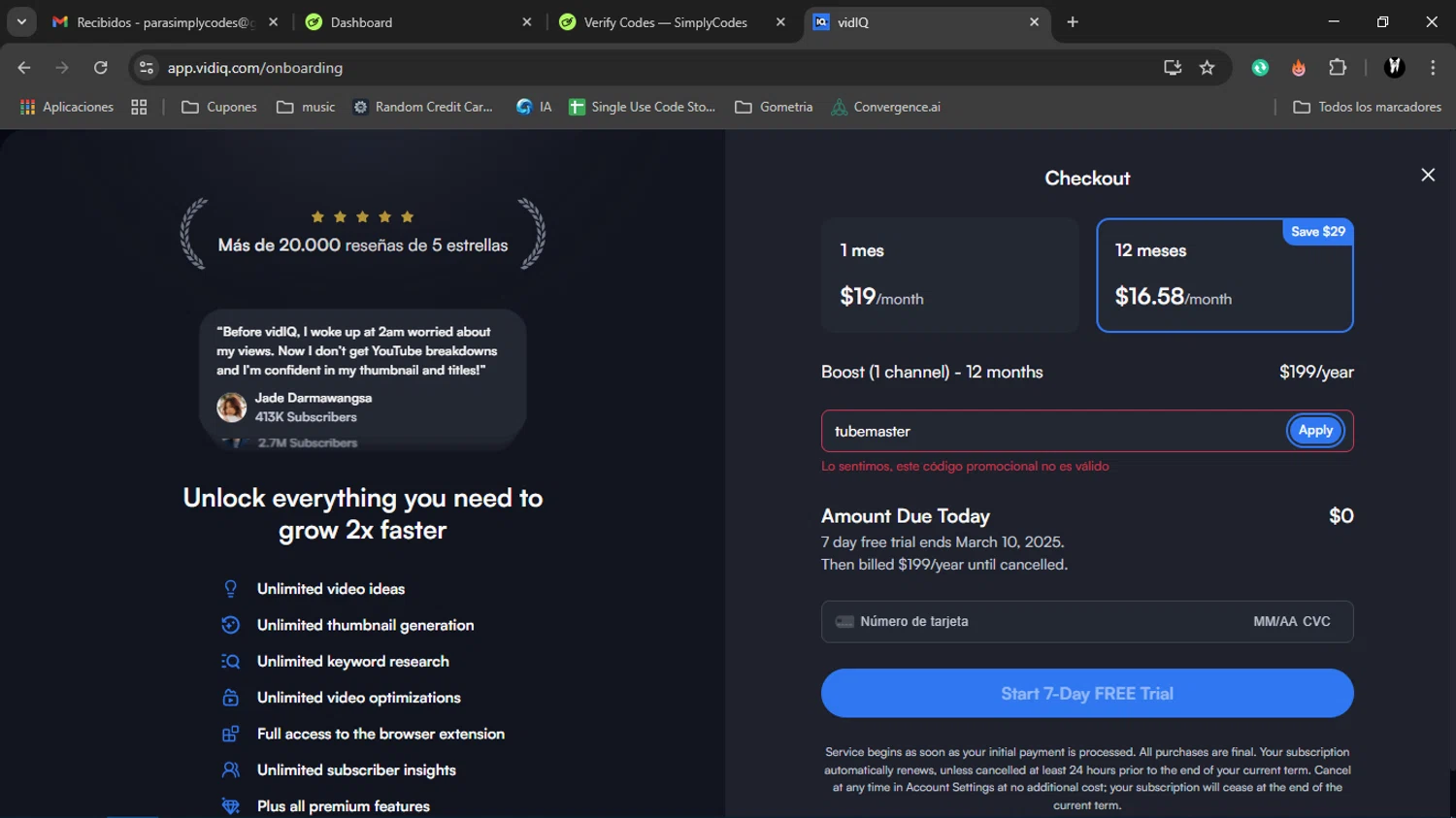 vidIQ promo code screenshot showing code TUBEMASTER applied at vidIQ checkout page. Uploaded by SimplyCodes community member Charlote on Mar 3, 2025