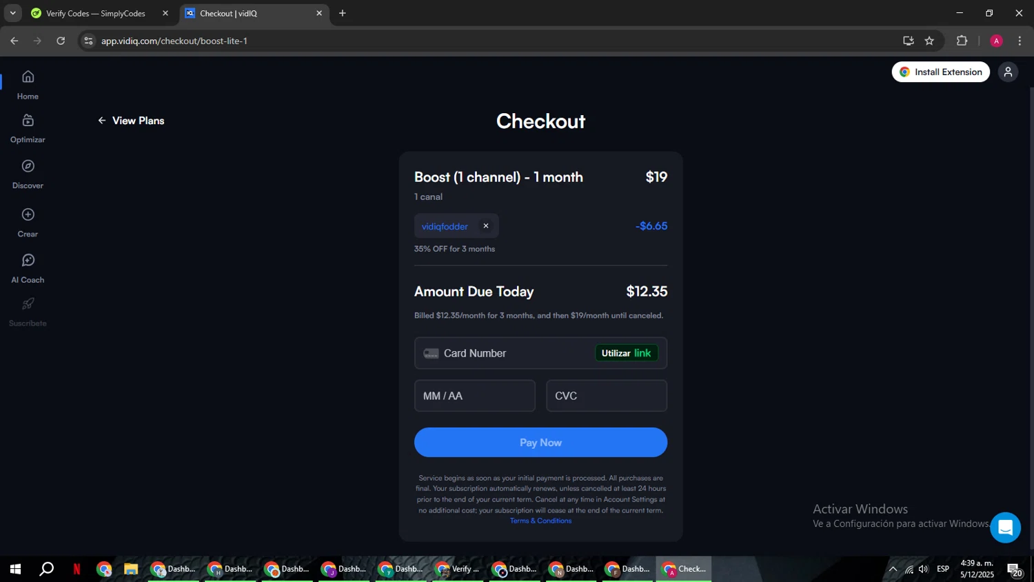 vidIQ promo code screenshot showing code VIDIQFODDER applied at vidIQ checkout page. Uploaded by SimplyCodes community member BMWGS1200 on Dec 5, 2025