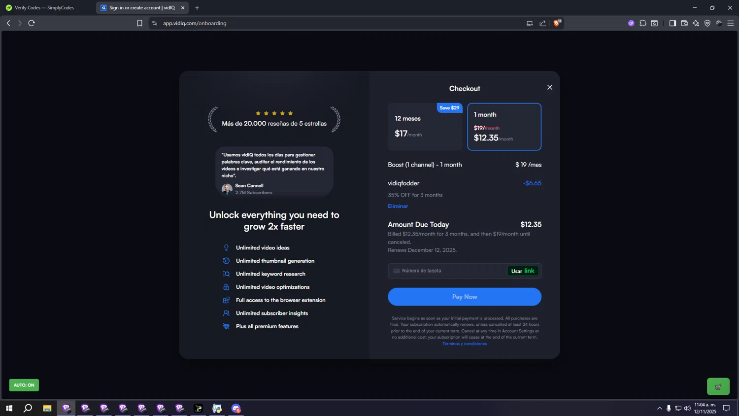 vidIQ promo code screenshot showing code VIDIQFODDER applied at vidIQ checkout page. Uploaded by SimplyCodes community member kkkkkkkkkkkkkkkkkkkk on Nov 12, 2025