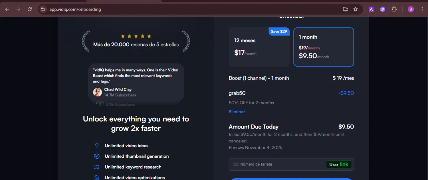 vidIQ promo code screenshot showing code grab50 applied at vidIQ checkout page. Uploaded by SimplyCodes community member PennyTiger4891 on Oct 5, 2025