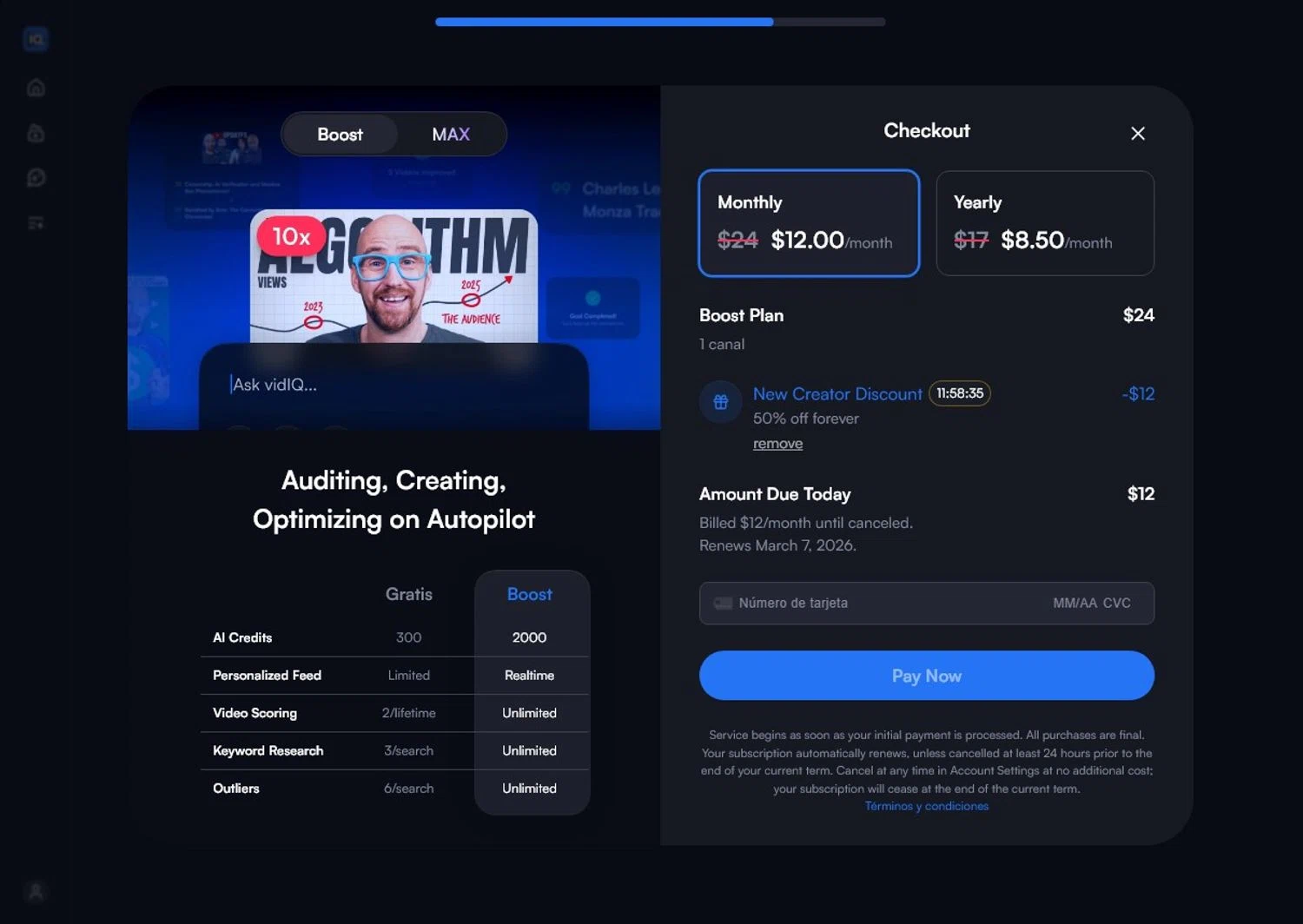 vidIQ checkout page showing vidIQ promo code box | Screenshot taken by SimplyCodes community member on Feb 7, 2026