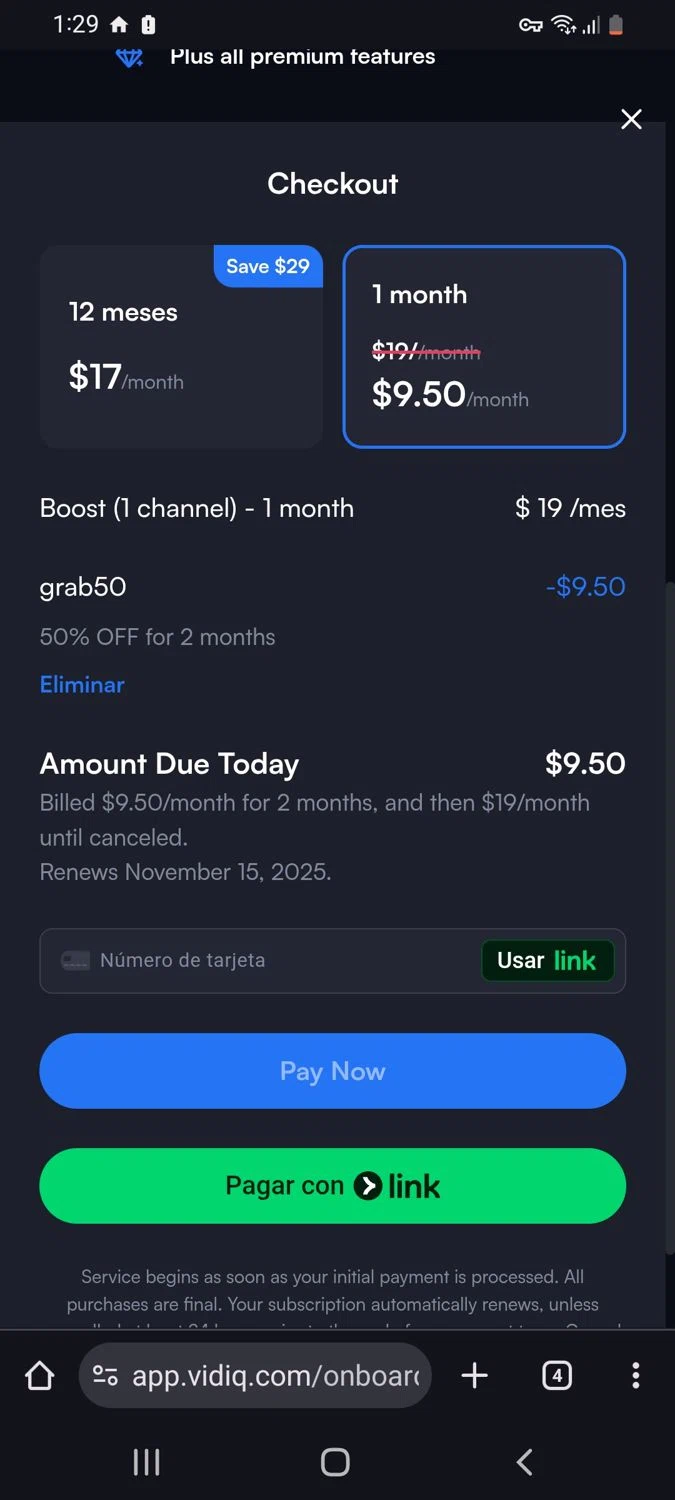 vidIQ promo code screenshot showing code grab50 applied at vidIQ checkout page. Uploaded by SimplyCodes community member tulioriera on Oct 15, 2025