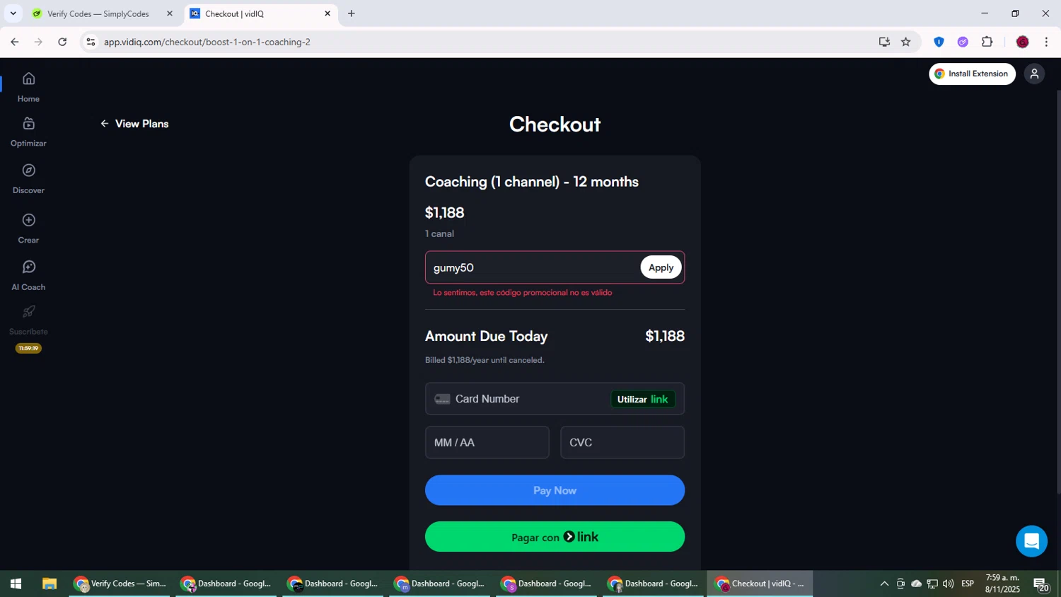 vidIQ promo code screenshot showing code gumy50 applied at vidIQ checkout page. Uploaded by SimplyCodes community member MightyLegend6657 on Nov 8, 2025