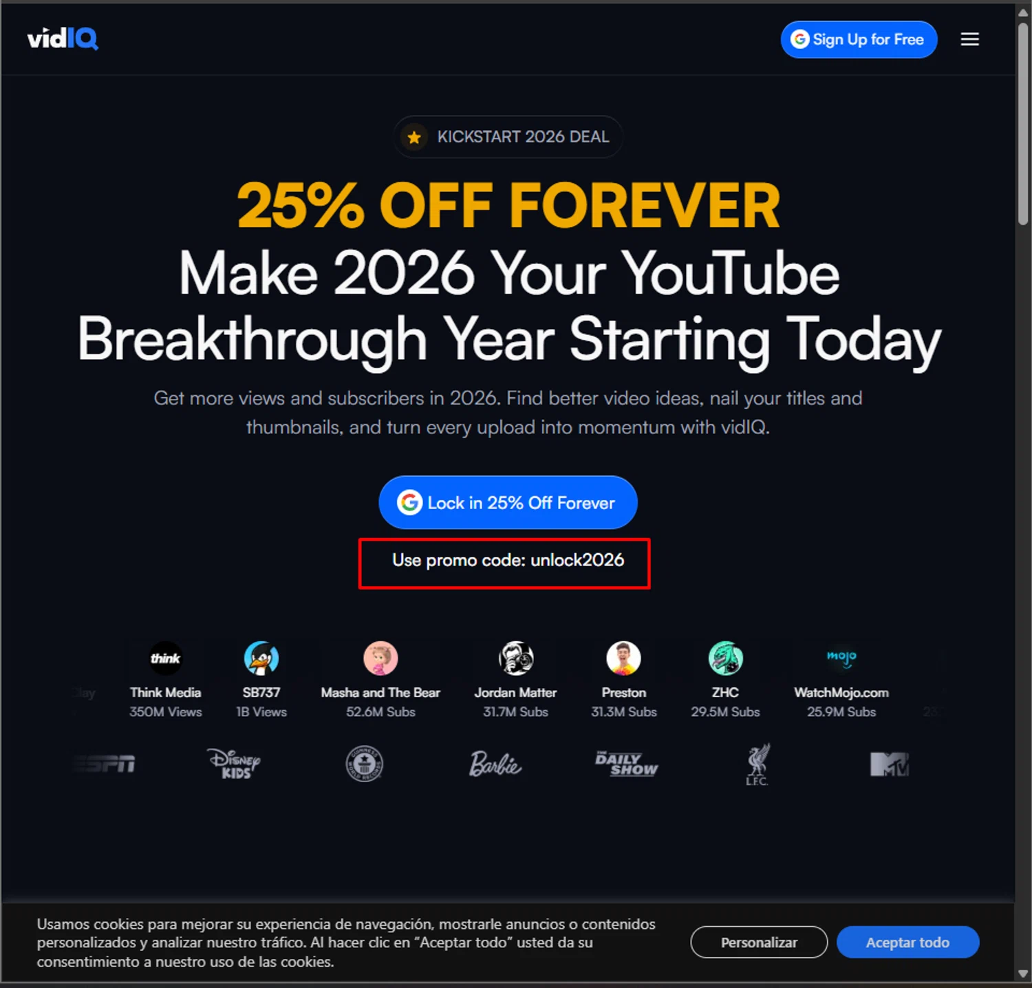 vidIQ promo code screenshot showing code unlock2026 applied at vidIQ checkout page. Uploaded by SimplyCodes community member PillarsofCreation on Dec 23, 2025