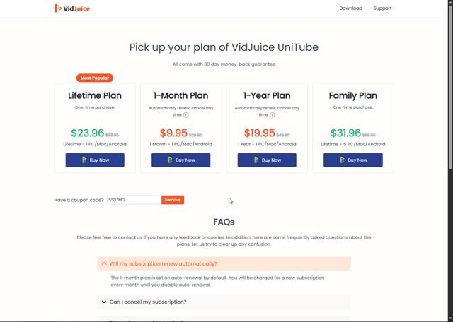VidJuice checkout page showing VidJuice coupon code box | Screenshot taken by SimplyCodes community member on Jun 20, 2025