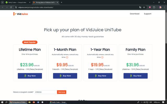 VidJuice checkout page showing VidJuice coupon code box | Screenshot taken by SimplyCodes community member on Jul 5, 2025