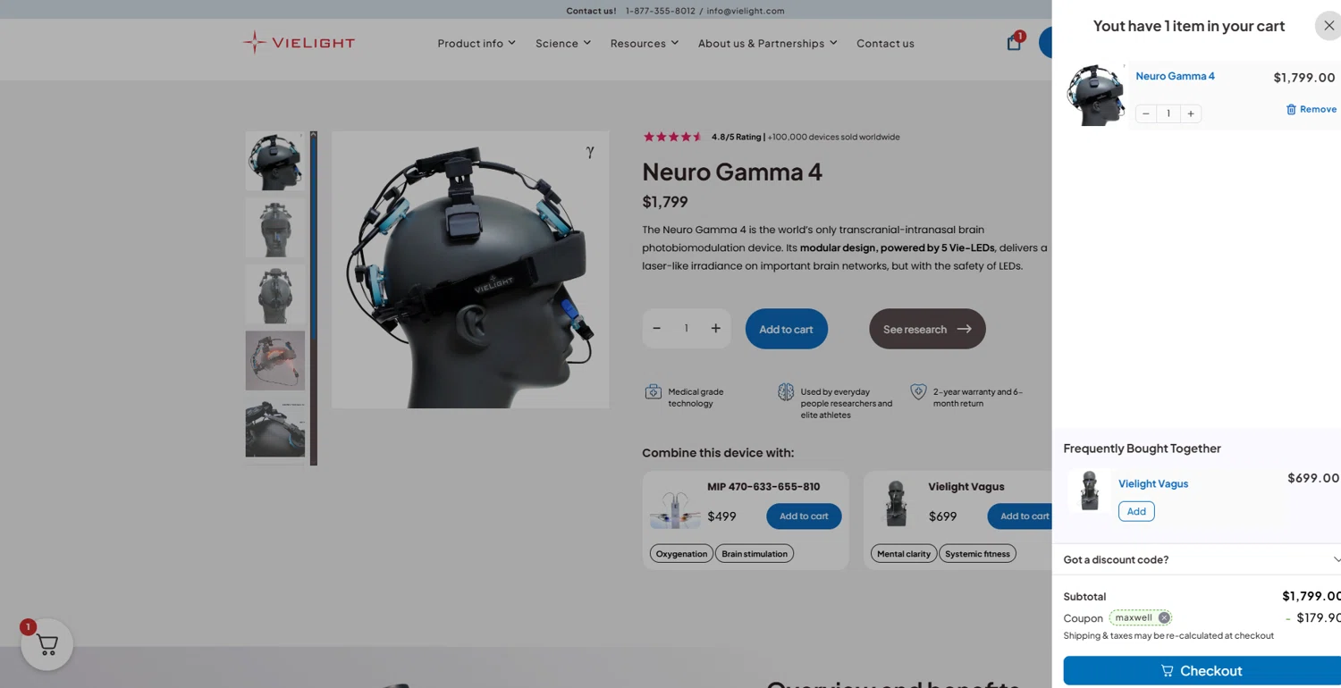 Vielight coupon code screenshot showing code MAXWELL applied at Vielight checkout page. Uploaded by SimplyCodes community member DealScout769 on Jul 13, 2025
