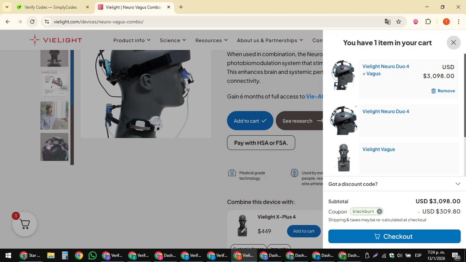 Vielight checkout page showing Vielight coupon code box | Screenshot taken by SimplyCodes community member on Jan 13, 2026