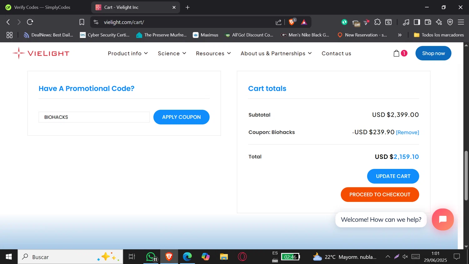 Vielight coupon code screenshot showing code BIOHACKS applied at Vielight checkout page. Uploaded by SimplyCodes community member DORIANGEL on Jun 29, 2025