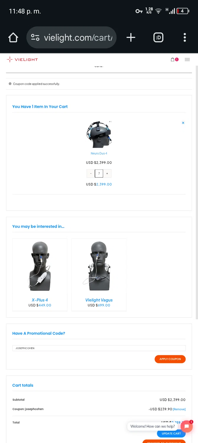 Vielight coupon code screenshot showing code JOSEPHCOHEN applied at Vielight checkout page. Uploaded by SimplyCodes community member Ryan_Garcia on Jun 8, 2025