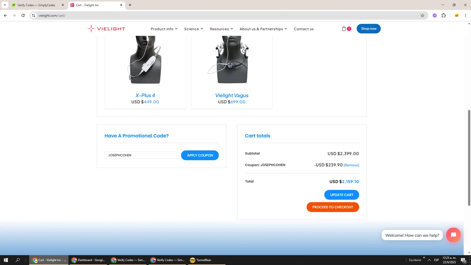 Vielight coupon code screenshot showing code JOSEPHCOHEN applied at Vielight checkout page. Uploaded by SimplyCodes community member Richard251 on Jun 22, 2025