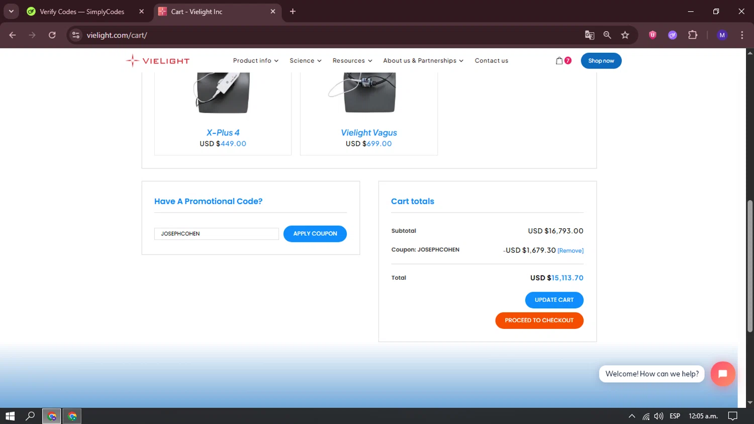 Vielight coupon code screenshot showing code JOSEPHCOHEN applied at Vielight checkout page. Uploaded by SimplyCodes community member dominictoretto on Jun 15, 2025