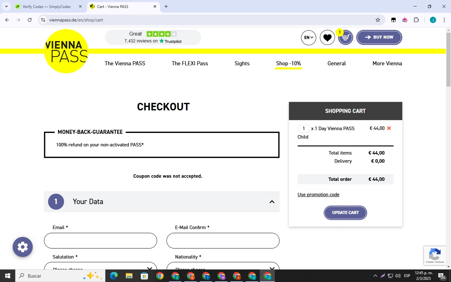 Vienna Pass promo code screenshot showing code DISC10 applied at Vienna Pass checkout page. Uploaded by SimplyCodes community member VictoriousSpotter751 on Mar 2, 2025
