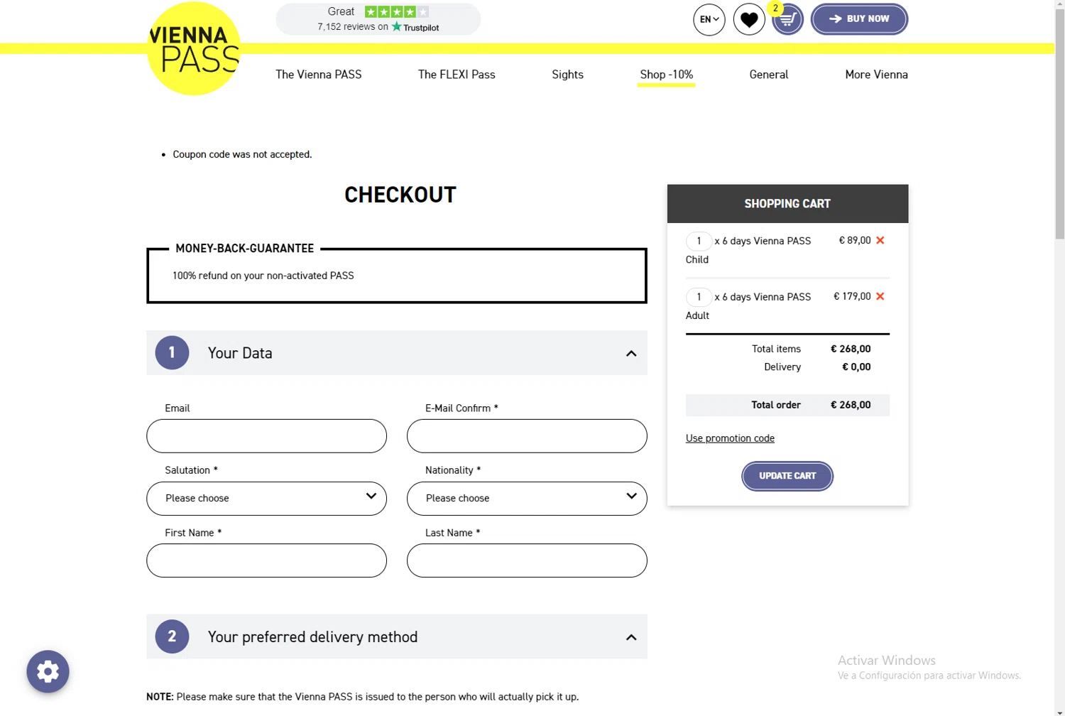 Vienna Pass checkout page showing Vienna Pass promo code box | Screenshot taken by SimplyCodes community member on May 8, 2024