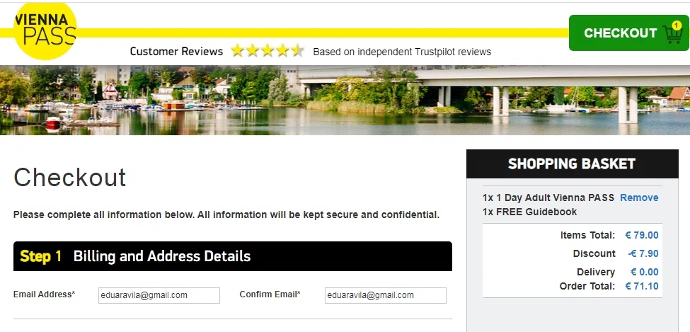 Vienna Pass checkout page showing Vienna Pass promo code box | Screenshot taken by SimplyCodes community member on Dec 1, 2020