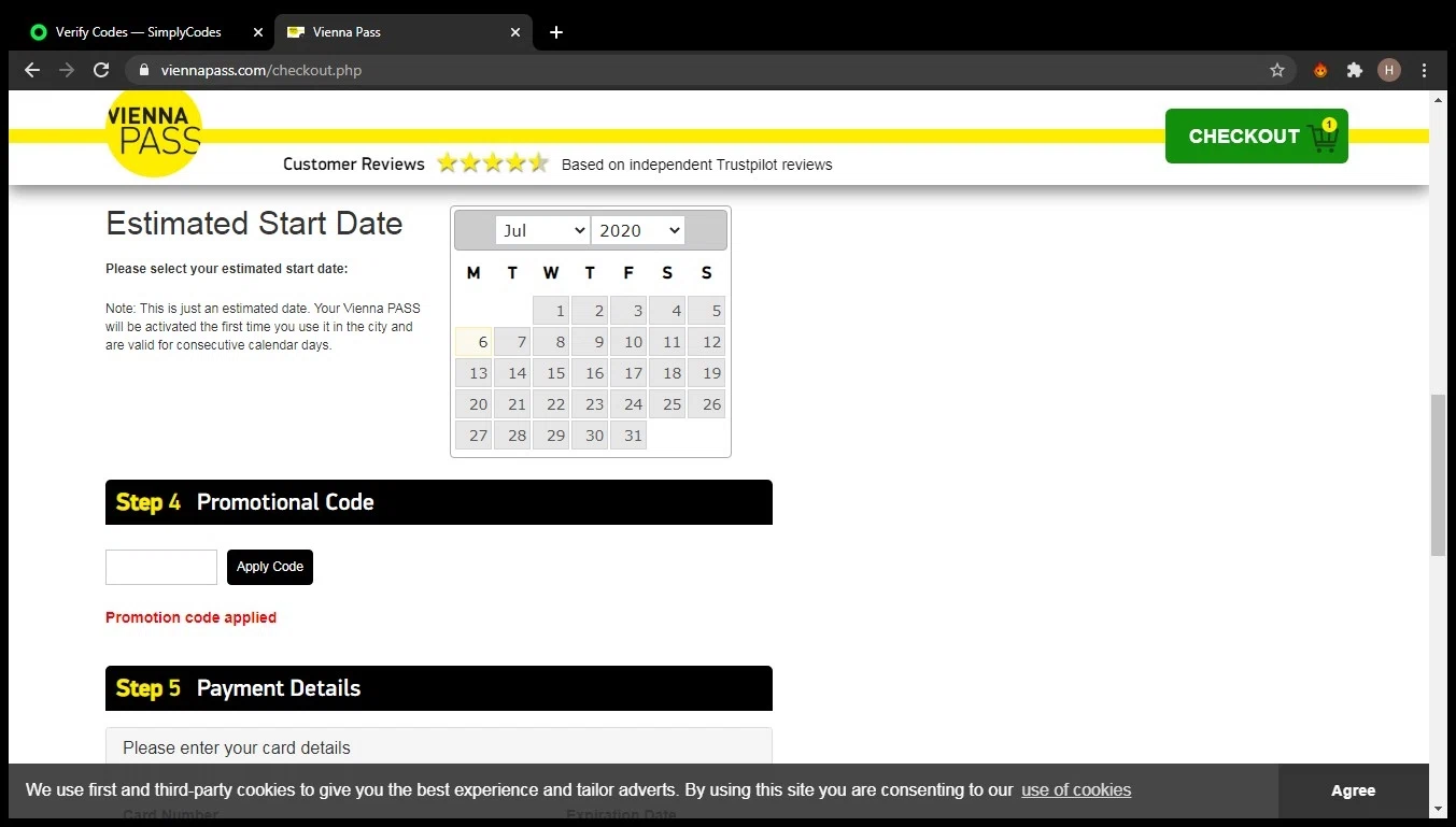 Vienna Pass checkout page showing Vienna Pass promo code box | Screenshot taken by SimplyCodes community member on Jul 5, 2020