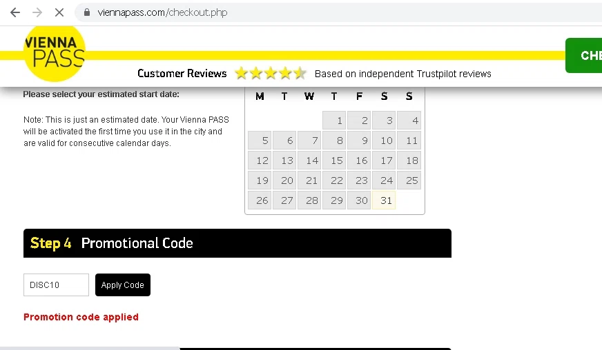 Vienna Pass checkout page showing Vienna Pass promo code box | Screenshot taken by SimplyCodes community member on Oct 31, 2020