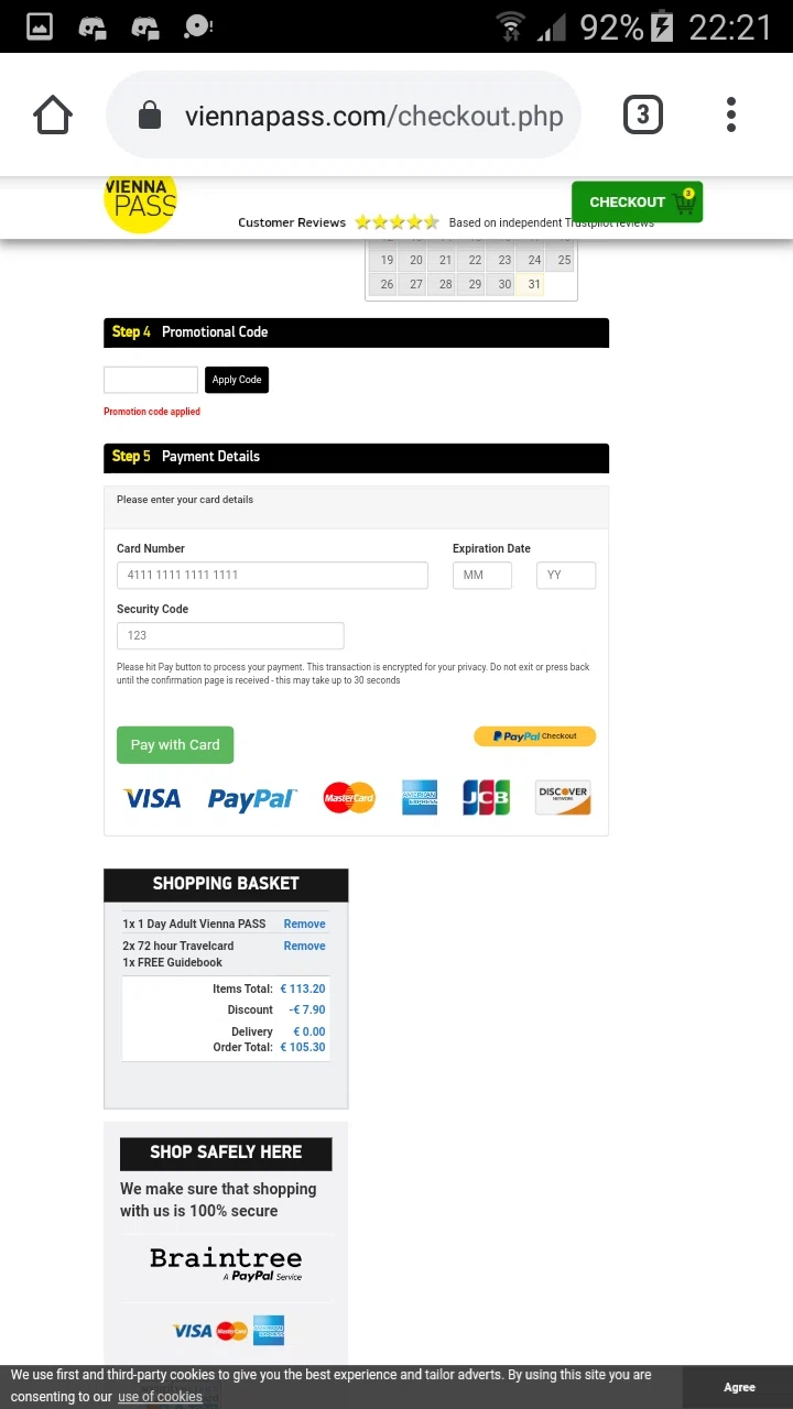 Vienna Pass checkout page showing Vienna Pass promo code box | Screenshot taken by SimplyCodes community member on Oct 31, 2020