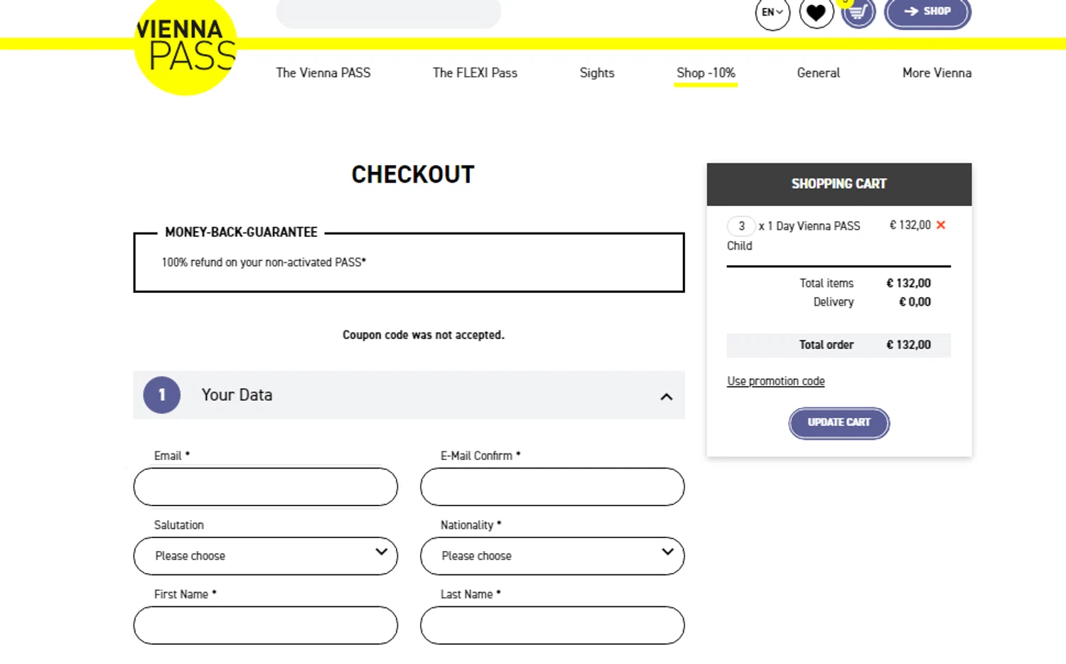 Vienna Pass promo code screenshot showing code 10-OFF applied at Vienna Pass checkout page. Uploaded by SimplyCodes community member BrilliantScholar2524 on Mar 25, 2025