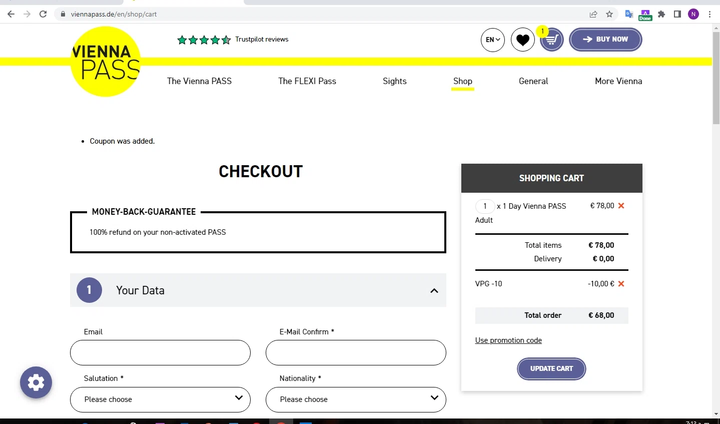 Vienna Pass checkout page showing Vienna Pass promo code box | Screenshot taken by SimplyCodes community member on Jul 25, 2023