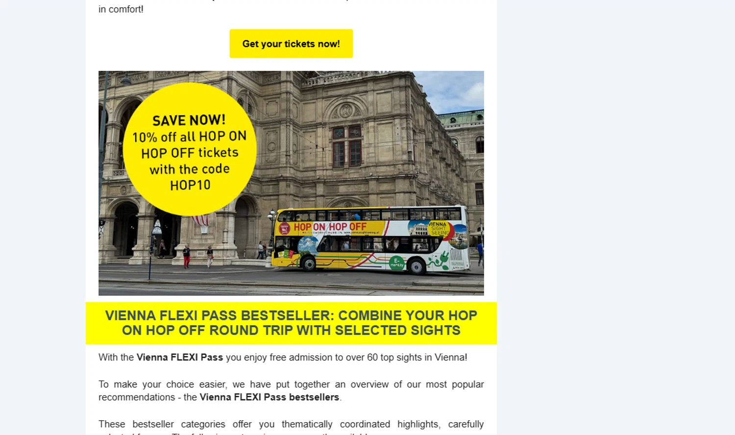 Vienna Pass promo code screenshot showing code HOP10 applied at Vienna Pass checkout page. Uploaded by SimplyCodes community member Aressss on May 26, 2025