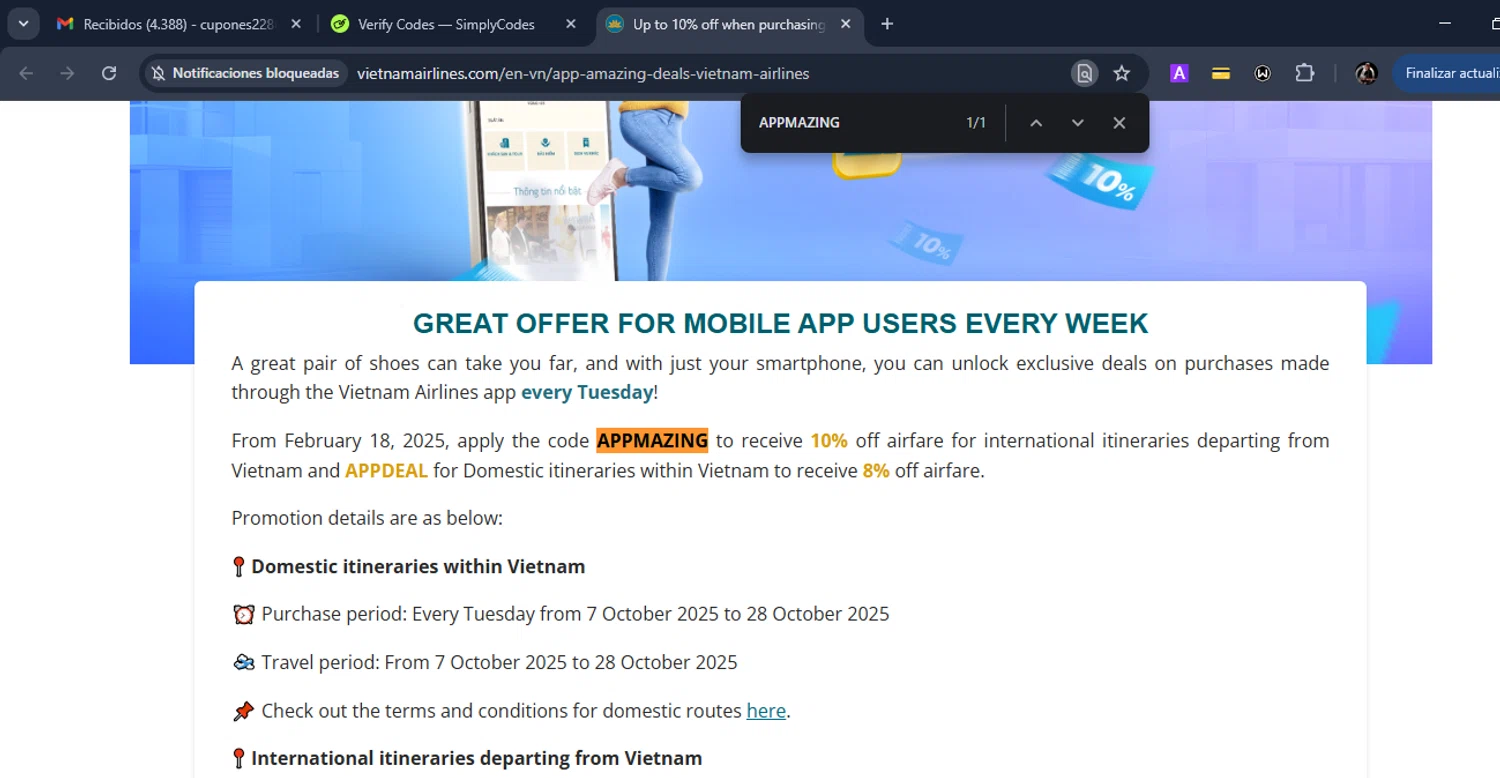 Vietnam Airlines promo code screenshot showing code APPMAZING applied at Vietnam Airlines checkout page. Uploaded by SimplyCodes community member Eduard on Dec 29, 2025