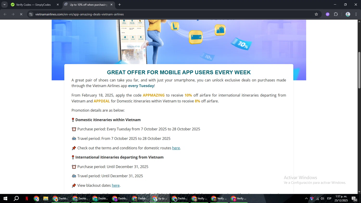 Vietnam Airlines promo code screenshot showing code APPMAZING applied at Vietnam Airlines checkout page. Uploaded by SimplyCodes community member ShrewdSeeker6165 on Dec 25, 2025