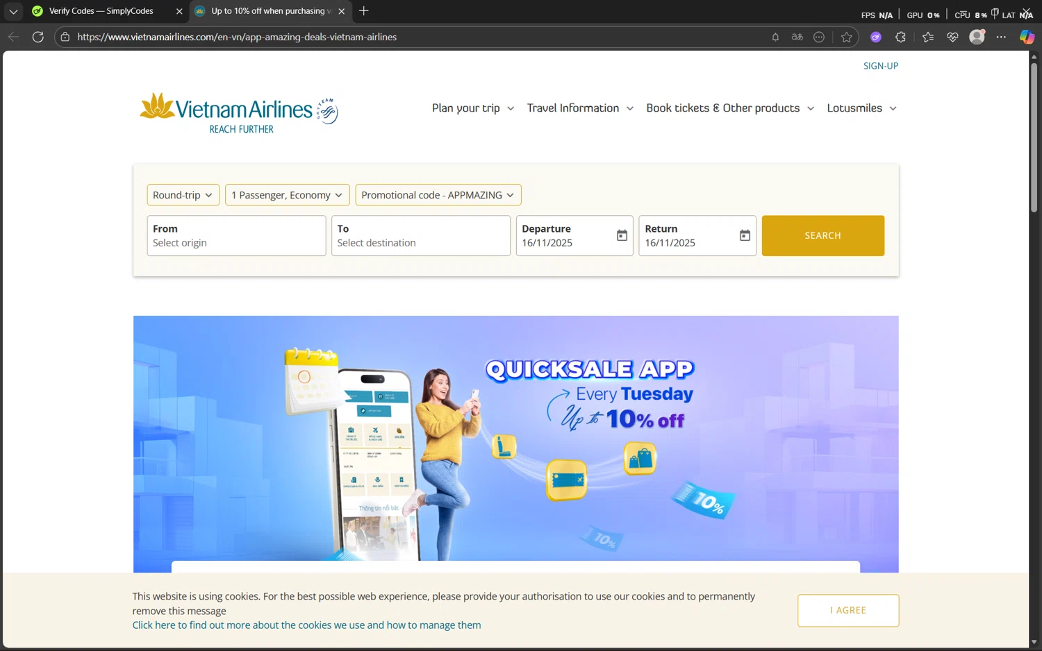 Vietnam Airlines promo code screenshot showing code APPMAZING applied at Vietnam Airlines checkout page. Uploaded by SimplyCodes community member Yuyu12 on Nov 16, 2025