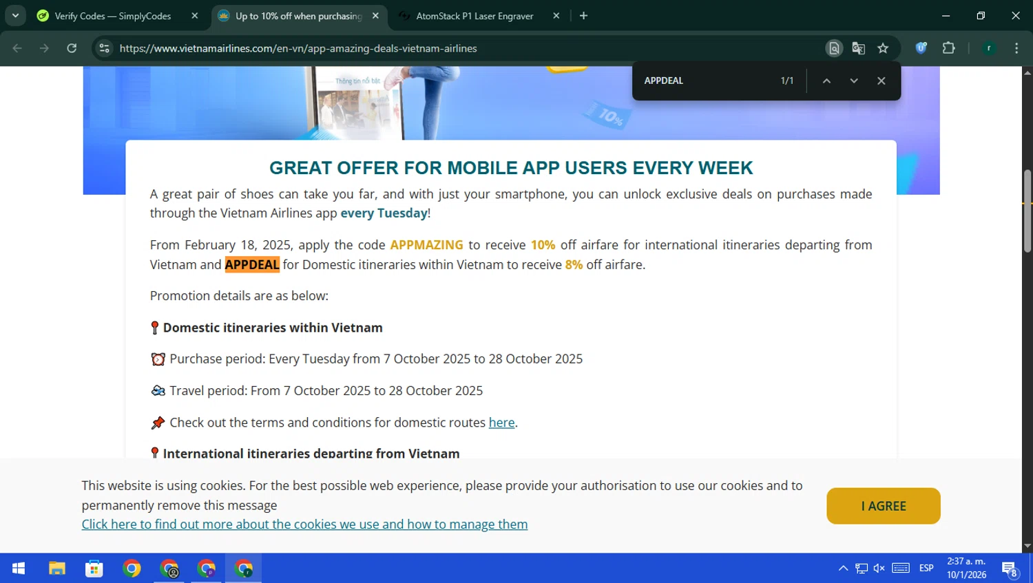 Vietnam Airlines promo code screenshot showing code APPDEAL applied at Vietnam Airlines checkout page. Uploaded by SimplyCodes community member rodri1 on Jan 10, 2026