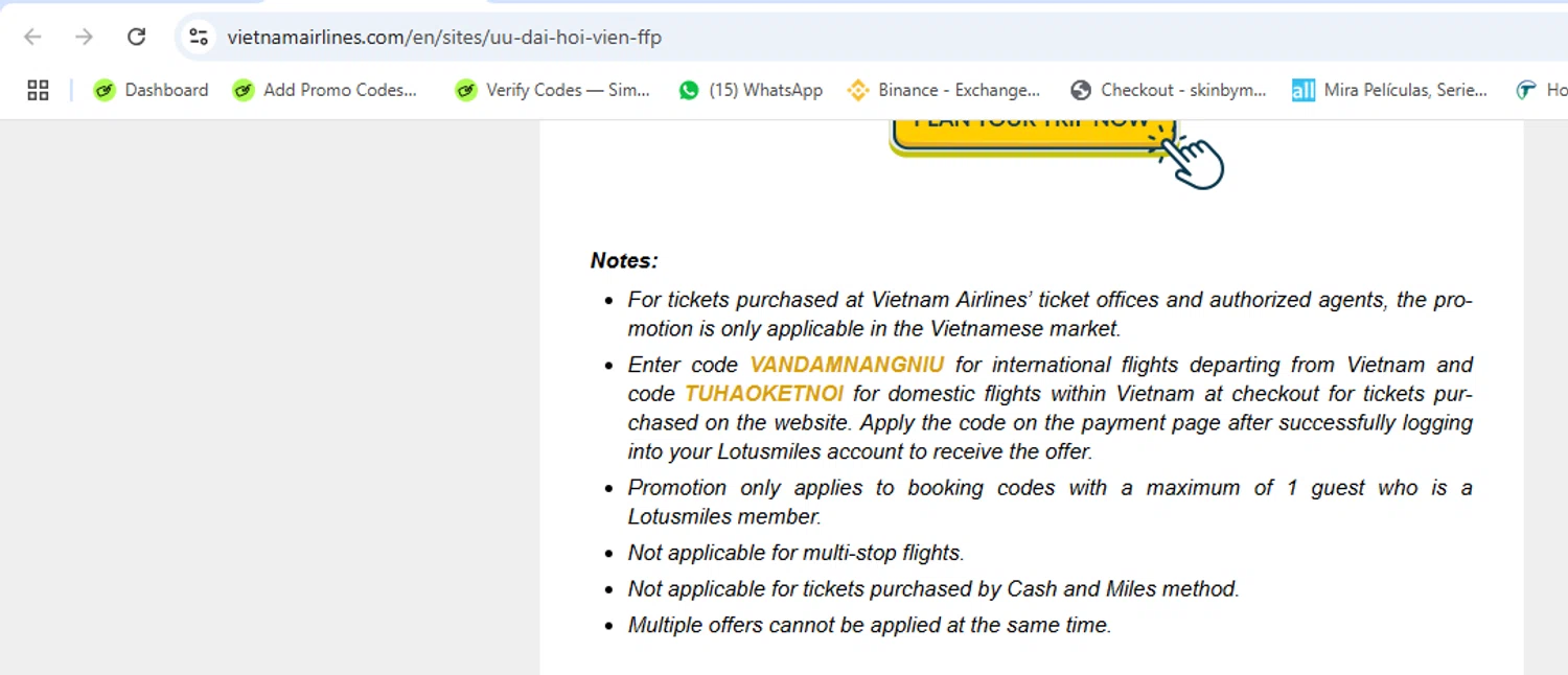Vietnam Airlines promo code screenshot showing code VANDAMNANGNIU applied at Vietnam Airlines checkout page. Uploaded by SimplyCodes community member yeresojperez on Aug 16, 2025