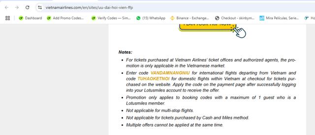 Vietnam Airlines checkout page showing Vietnam Airlines promo code box | Screenshot taken by SimplyCodes community member on Aug 16, 2025