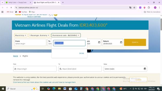 Vietnam Airlines checkout page showing Vietnam Airlines promo code box | Screenshot taken by SimplyCodes community member on Aug 20, 2025