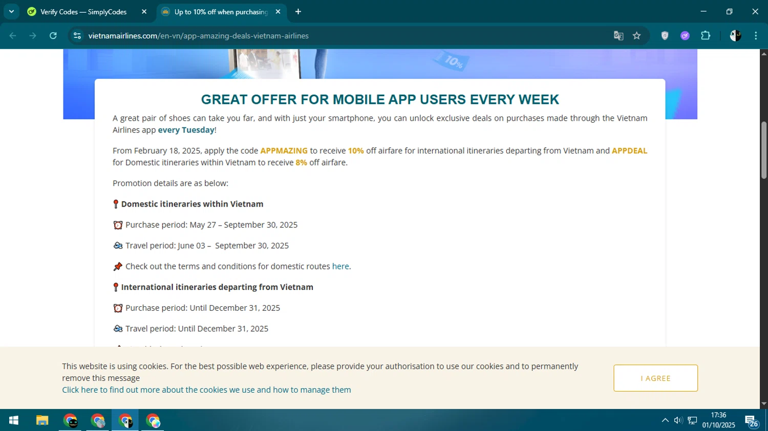 Vietnam Airlines promo code screenshot showing code APPMAZIG applied at Vietnam Airlines checkout page. Uploaded by SimplyCodes community member CleverSage9163 on Oct 1, 2025