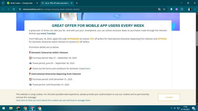 Vietnam Airlines checkout page showing Vietnam Airlines promo code box | Screenshot taken by SimplyCodes community member on Oct 1, 2025