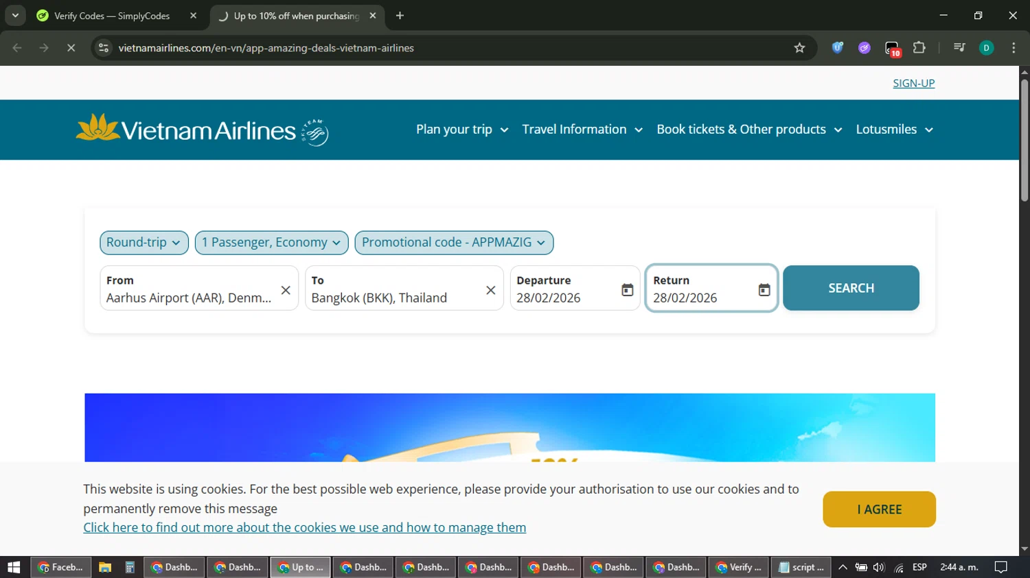 Vietnam Airlines checkout page showing Vietnam Airlines promo code box | Screenshot taken by SimplyCodes community member on Feb 28, 2026